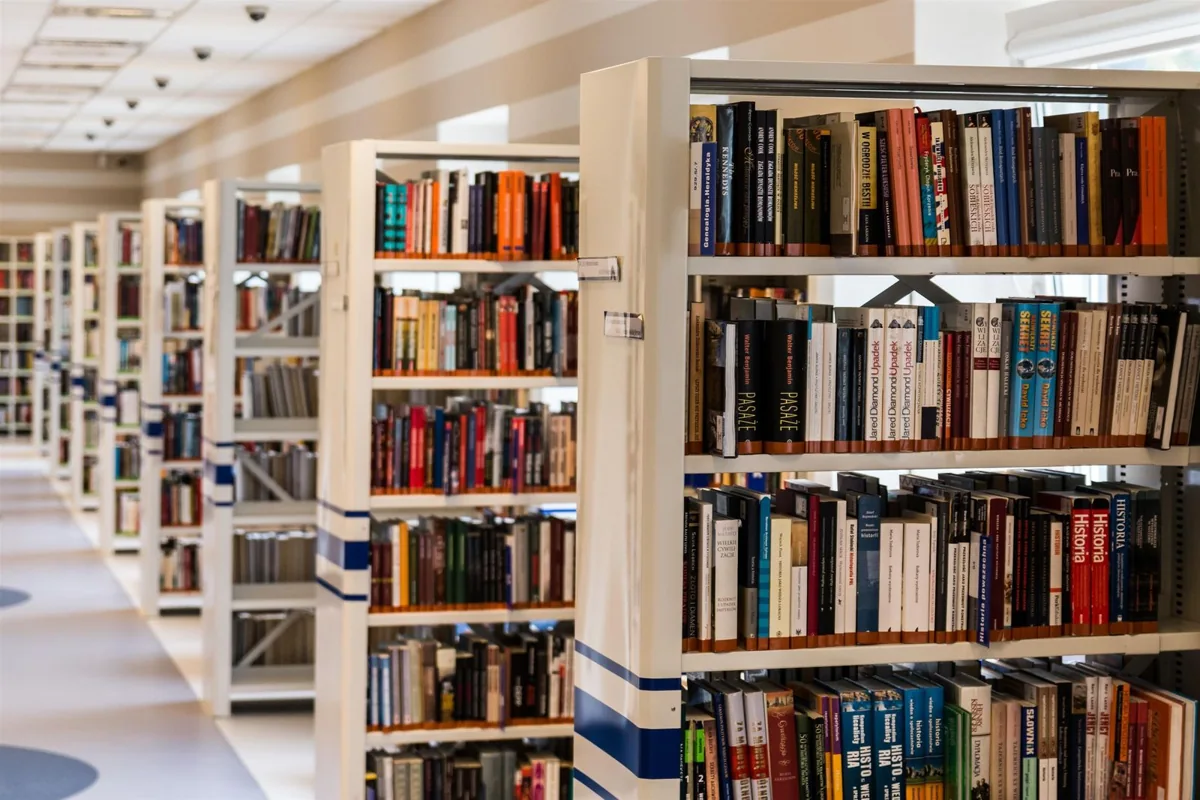 Bookshelves and reading area in a library